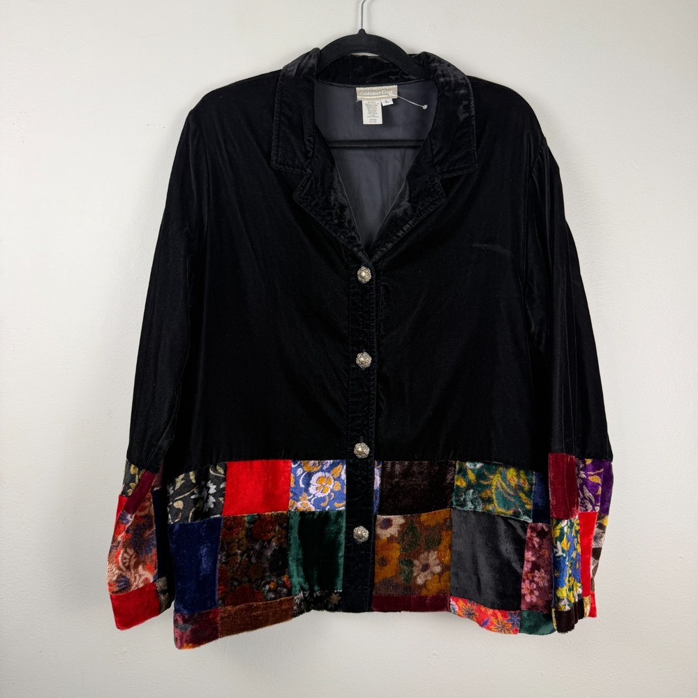 Vintage Coldwater Creek Velvet Jacket Women's Large Black Patchwork Button-Front